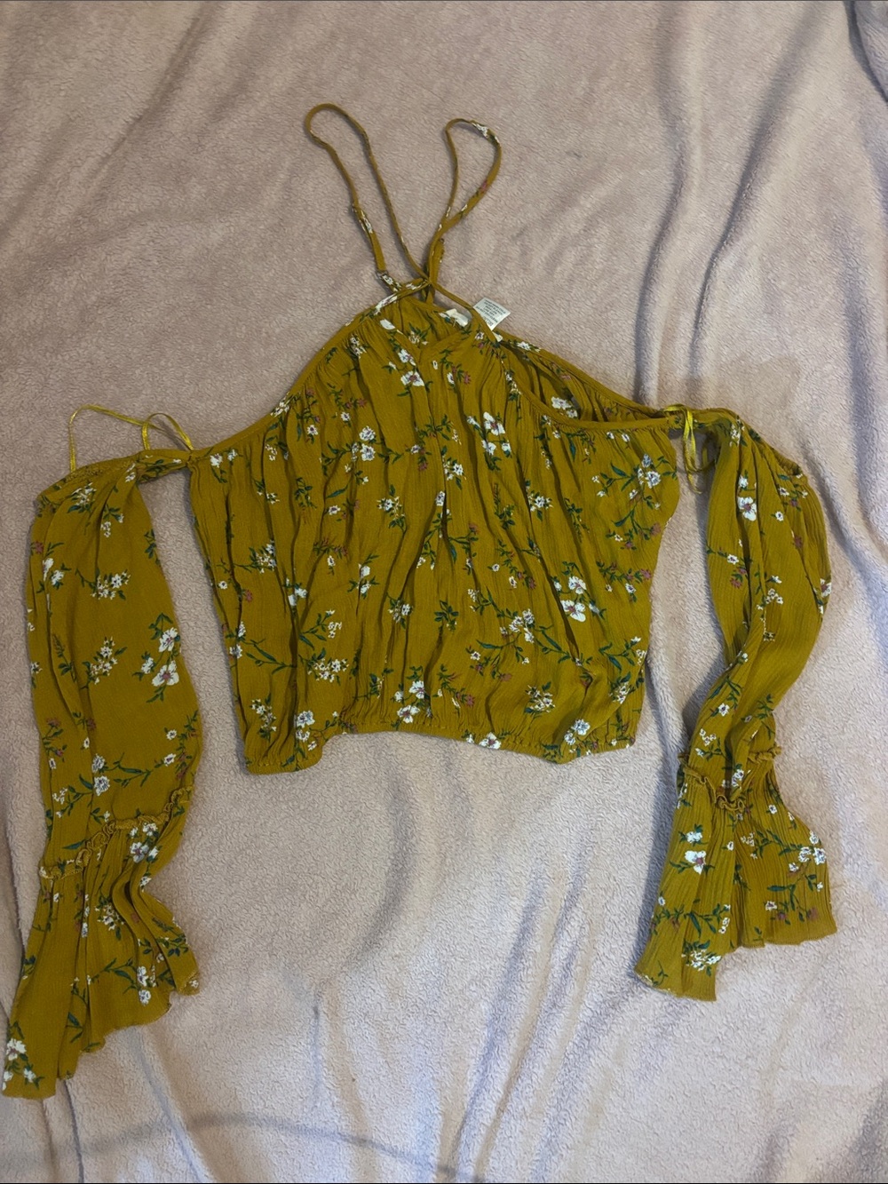 ELF Mustard Yellow Floral Off-Shoulder Tie Crop Top